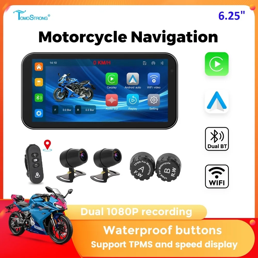Tomostrong 6.25-inch Portable IP67 Waterproof Motorcycle Navigation GPS Wireless Carplay Android AUTO WiFi Moto Monitor Recorder