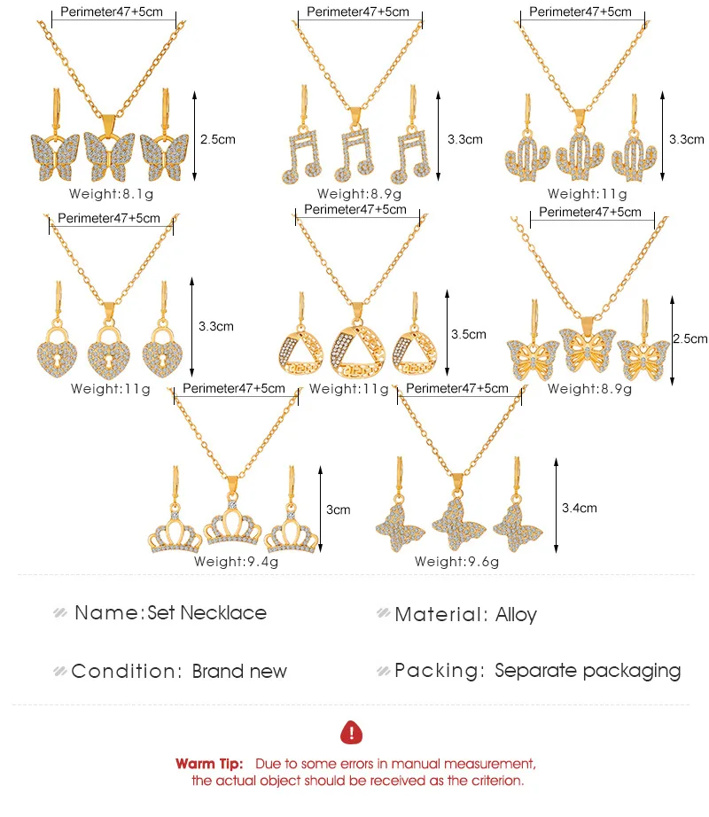 WANZHI Set perhiasan berlapis emas geometris, Kalung Anting kaktus mahkota kupu-kupu zirkon berkilau modis untuk hadiah wanita