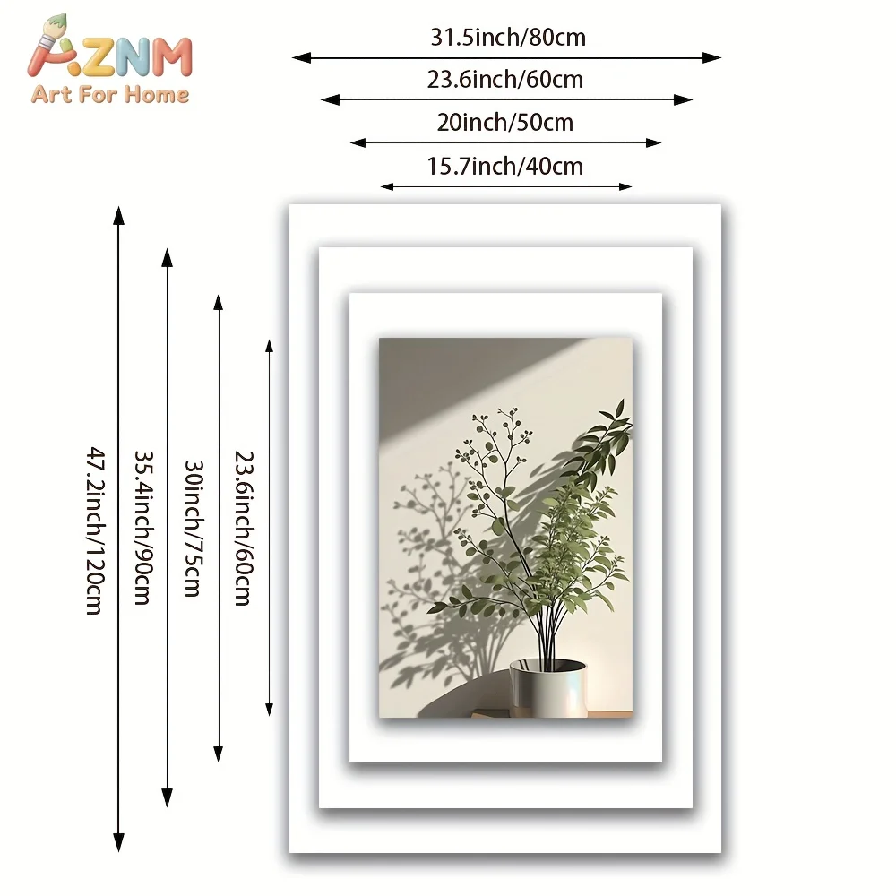AZNM Minimalist Green Potted Plant Canvas Wall Art Boho Sunlight Shadow Botanical Neutral Aesthetic Modern Living Room Unframed