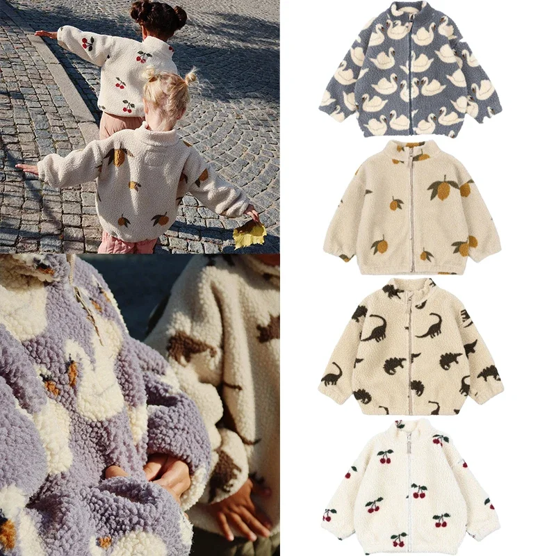 

2024 New Autumn Children Warm Jacket Girls Lamb Wool Hooded Jacket Boys Swan Printed Cotton Jacket Baby Winter Clothes TOP