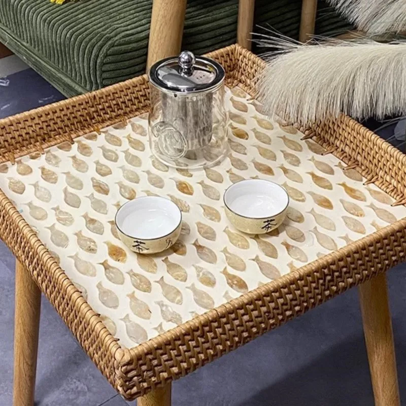 Mesa de café artesanal Rattan Shell, luxo leve, moderna, pequena mesa lateral, uma variedade de tachas coloridas, armazenamento doméstico