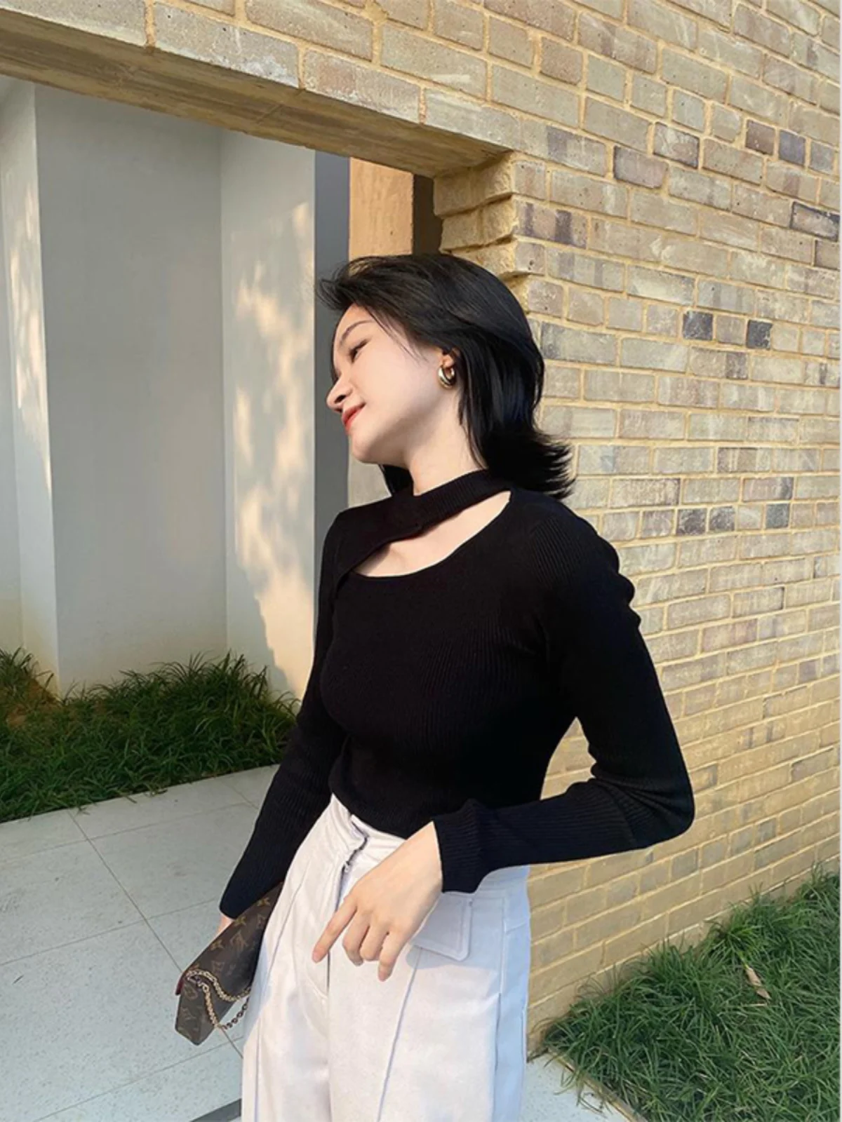 Dolce Sle Maglia da donna lunga Sve rotonda Ne Hanging Ne Top Slim Fit Base irt Maglione casual dal design scavato