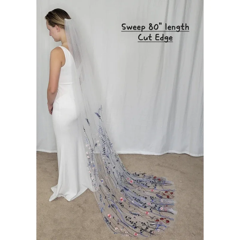 

Floral Bridal Wedding Cape Draped Veils For Brides Wild Flowers Secret Garden Cathedral With Comb Royal Blue Flowers Red Leaves