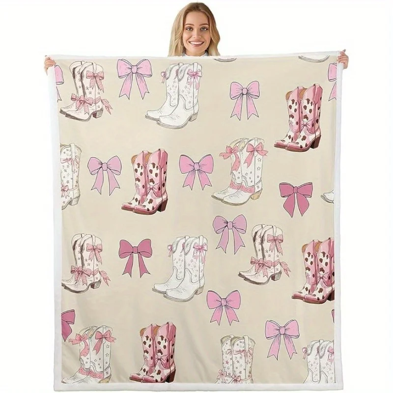 Pink bowknot design pattern Flannel printed blanket suitable for all seasons suitable for living room office sofa and travel