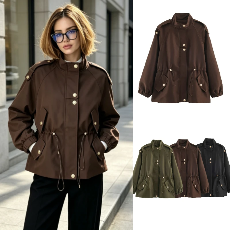 Women's Trench Coat 2026 Autumn New Fashion Stand Collar Long Sleeve Belted Drawstring Button Casual Minimalist Outerwear
