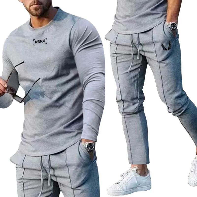 2024New Men\'s Clothing Gym Activewear American Fashion Brand Long Sleeve T-shirt And Pants Two Sets Of Fitness Training Clothing