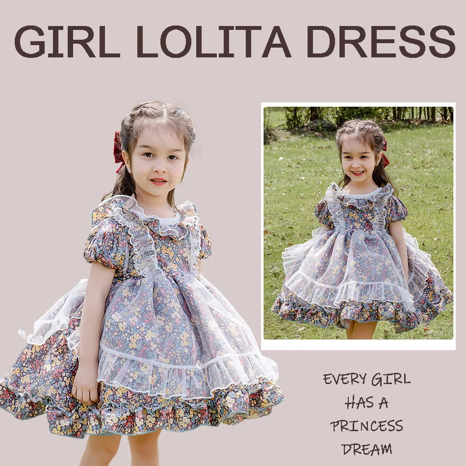 Children Lolita Dress Girls Floral Short-sleeved Fluffy Dress Princess Style Sweet Summer Frocks Picnic Essential Clothing