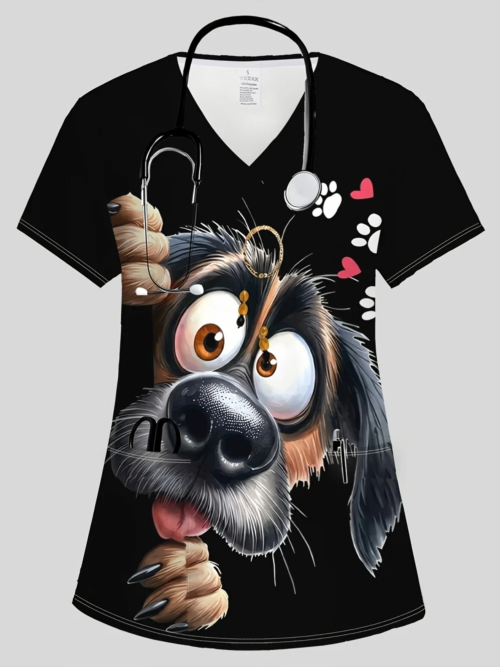 Fashion Women's Medical Uniform Cartoon Dog Printed Elegant Womens Comfortable V-Neck Short Sleeve Vet Nursing Uniform for Women