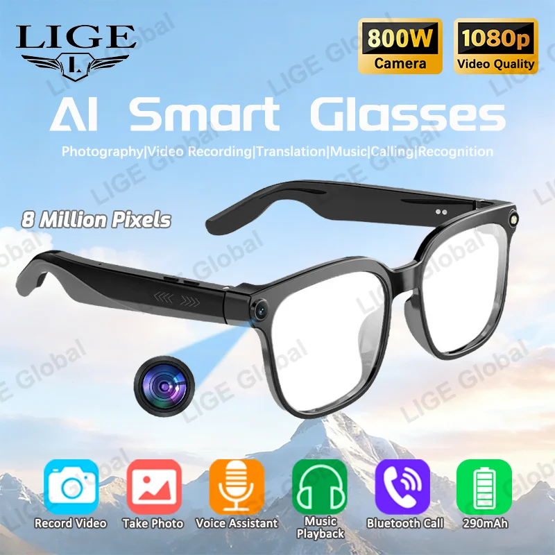 

LIGE Smart Glasses 8MP Camera 1080P HD Video Recording AI Photo Recognition Bluetooth Call Translation Music Play Men Women 2026