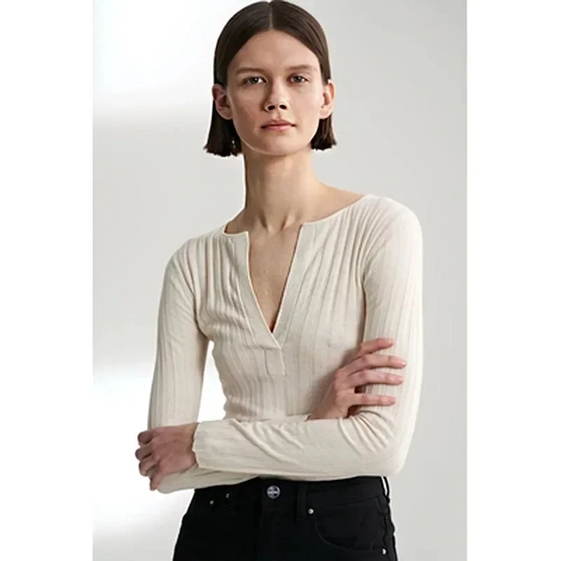 TT-Women's Base Shirt, Wool, Silk, Cashmere, V-Neck, Slim, Elastic, Casual, Knitwear, Pullover, Sweater Tops, Autumn