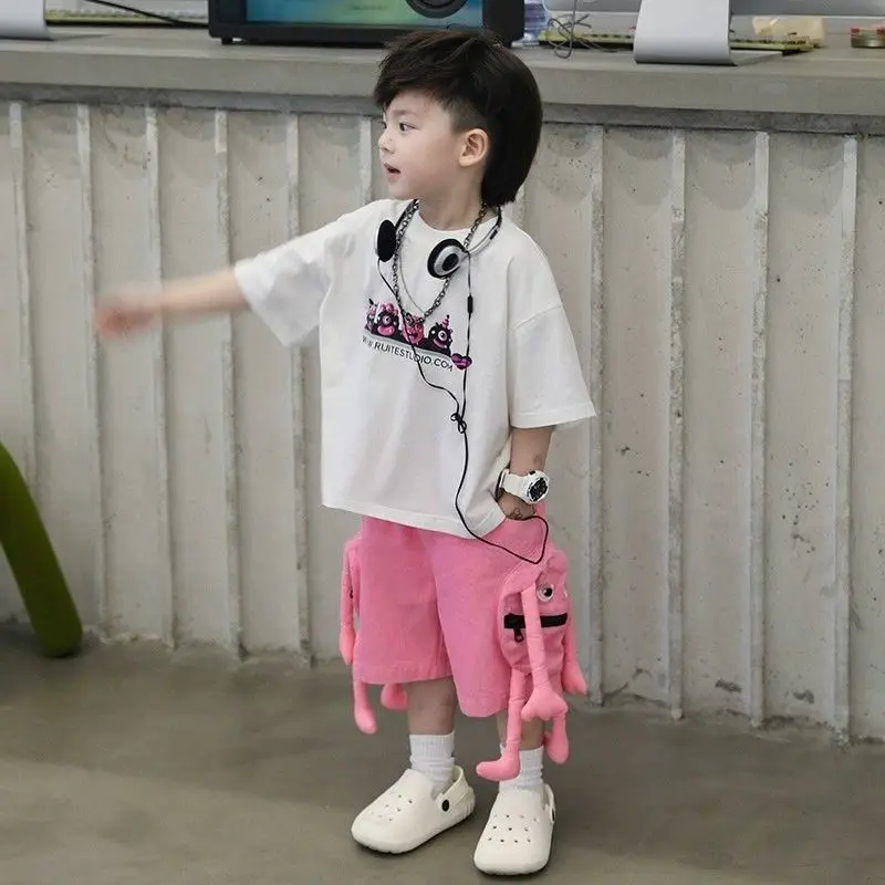 Korean Kids Clothes Boys\' Summer Female Child Clothes Children\'s Printed Cotton Short Sleeved T-shirt Shorts 2piece Sports Set