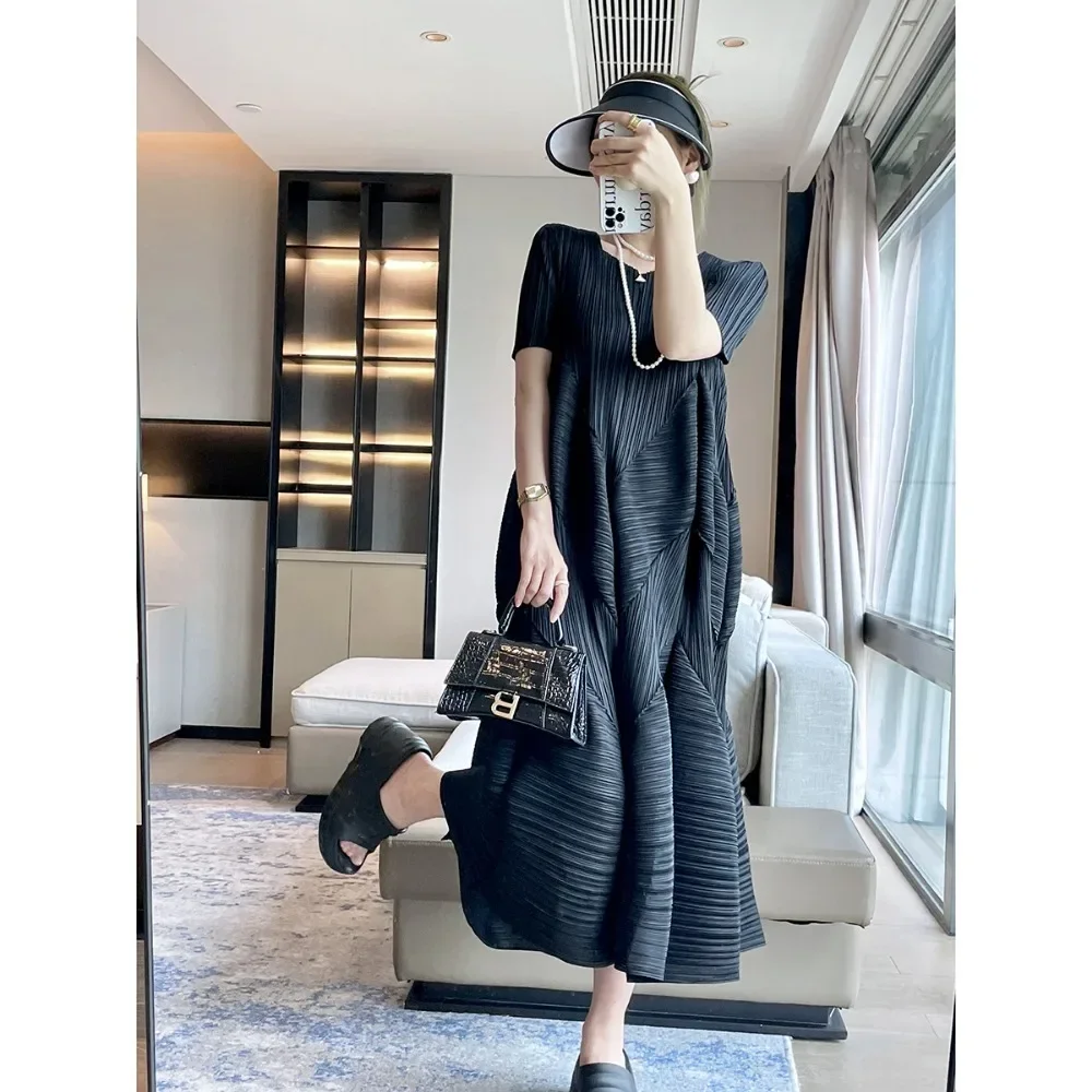 Pleats Pleated Summer New Commuter French Women\'s Simple Temperament Elegant Bud Dress Loose Casual Plus Size Long Dresses