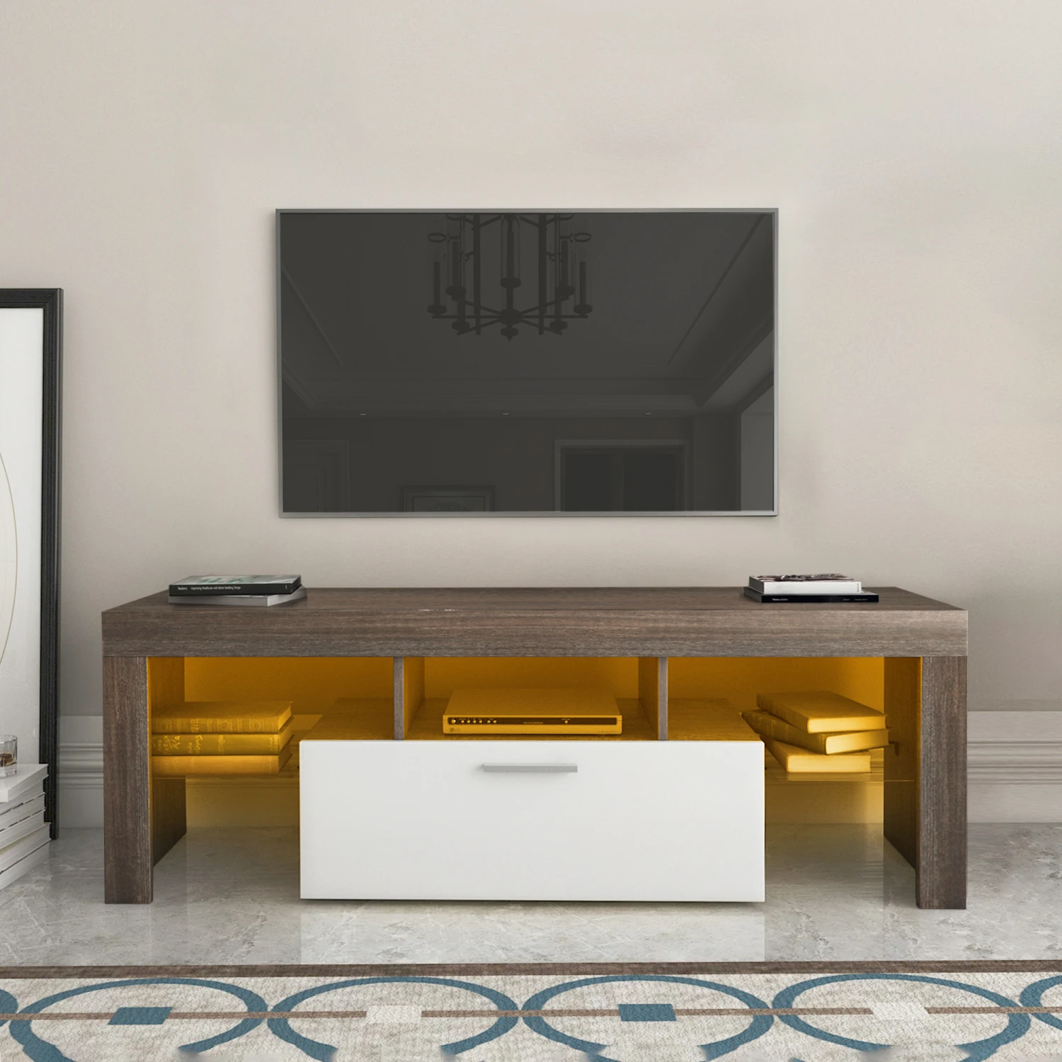 

20 minutes quick assembly brown simple modern TV stand with the toughened glass shelf Floor cabinet Floor TV wall cabinet Brown