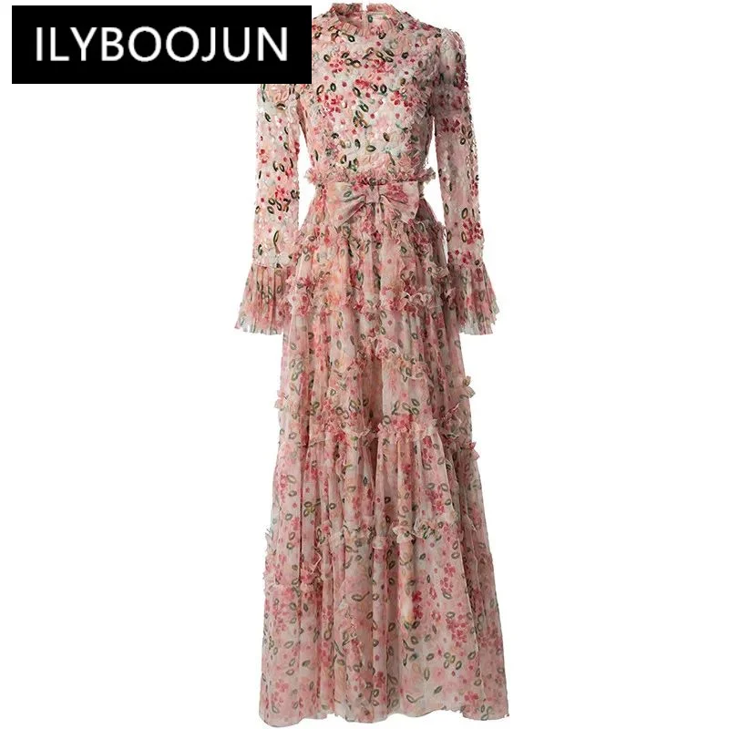 

ILYBOOJUN Spring Summer Women's Dress High Waiste Lace-UP Mesh Sequins Edible Tree Fungus Edge Flare Sleeved S-4XL Dresses