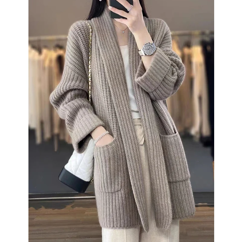 Moda autunno/inverno cardigan lavorato a maglia maglione da donna 2025 tasche giacca a maniche lunghe stile coreano elegante maglieria allentata casual