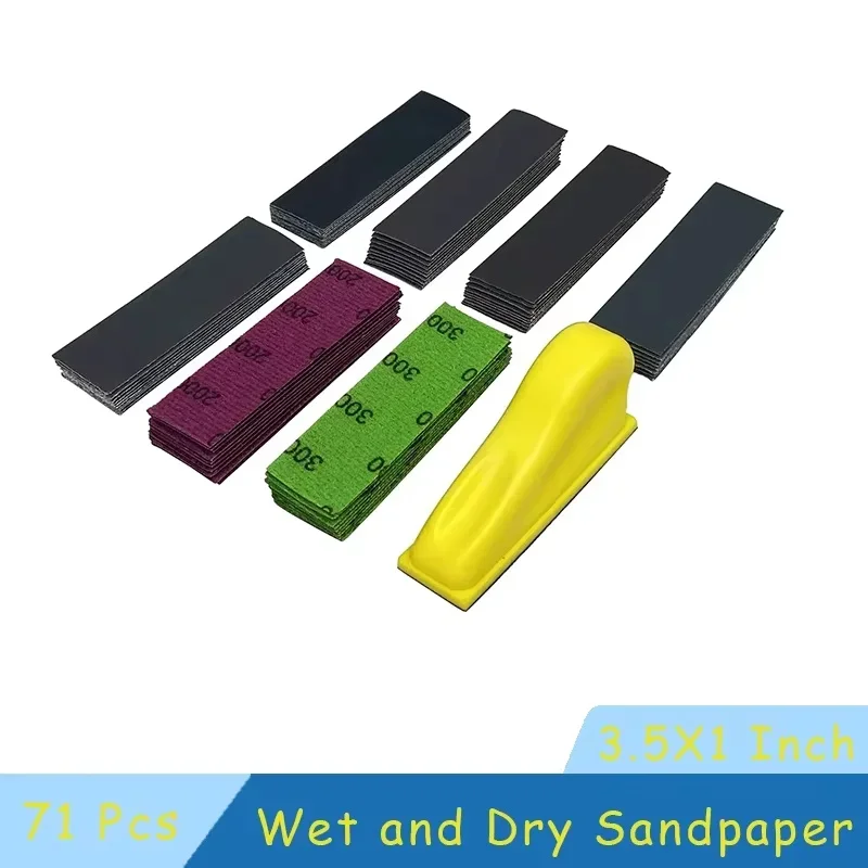 

3.5”x 1” Mini Sandpaper Kit with Hook and Loop Sanding Block 71 Pcs Assorted 400/600/800/1000/1500/2000/3000 Grits for Polishing