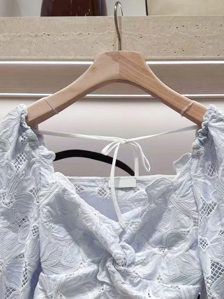 Ele Lace Bubble Sve V-Ne irt เสื้อผ้าแฟชั่นฤดูร้อนระดับพรีเมียมสำหรับผู้หญิงทรงตรงตรงสำหรับเดินทาง Sle ort Sve โพลีเอสเตอร์ ...