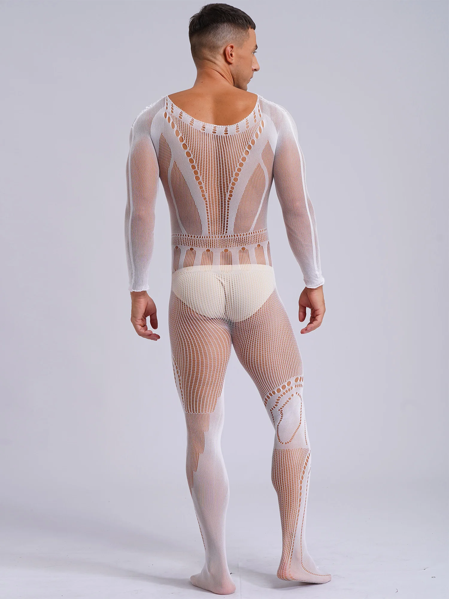 Mens Fishnet Bodystocking Jumpsuit Sexy See-through Hollow Out Long Sleeve Bodysuit Sissy Lingerie Sleepwear Night Club Wear