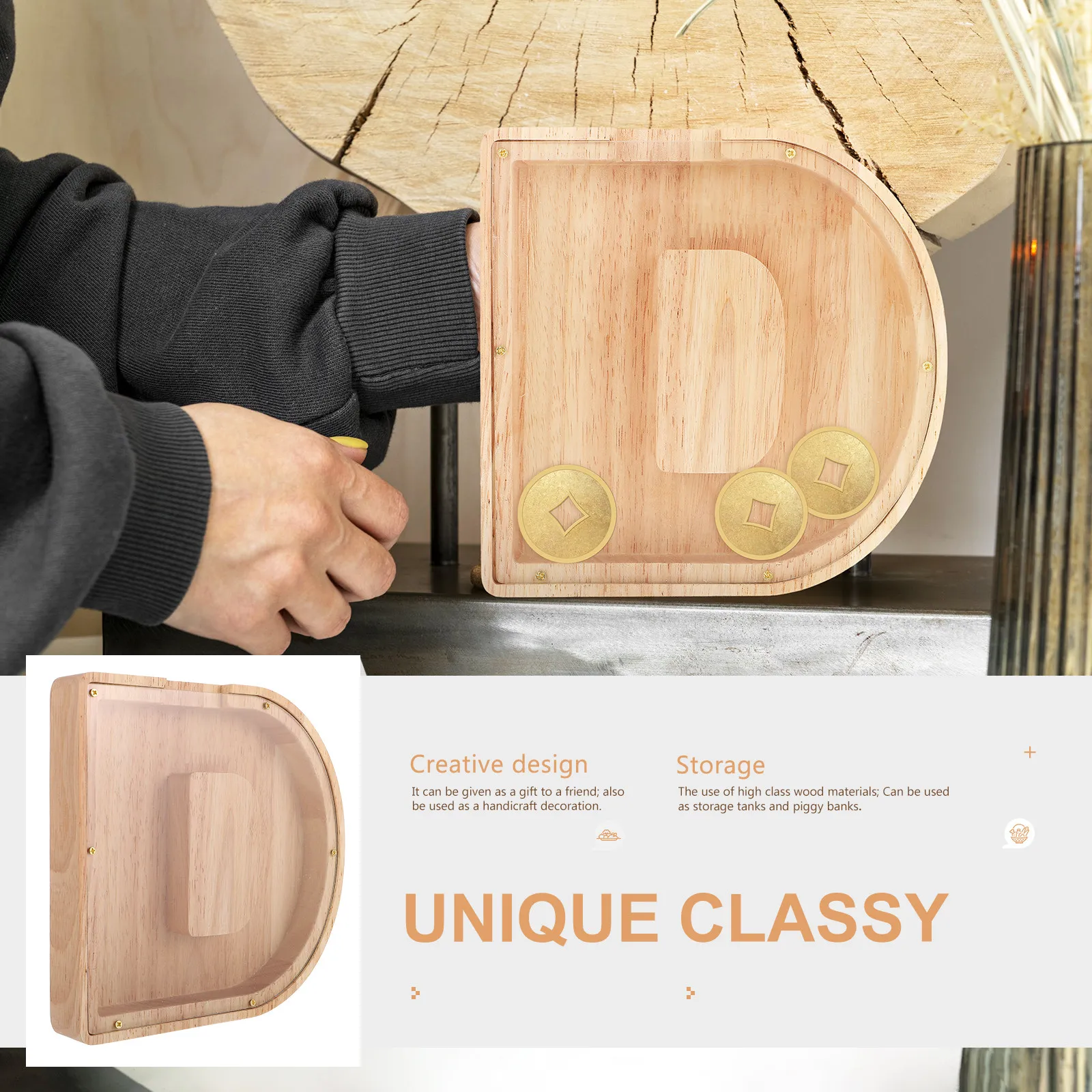Wooden Alphabet Money Box Transparent Side Design Savings Jar Educational Coin Container Home Office Decorative Saving Pot