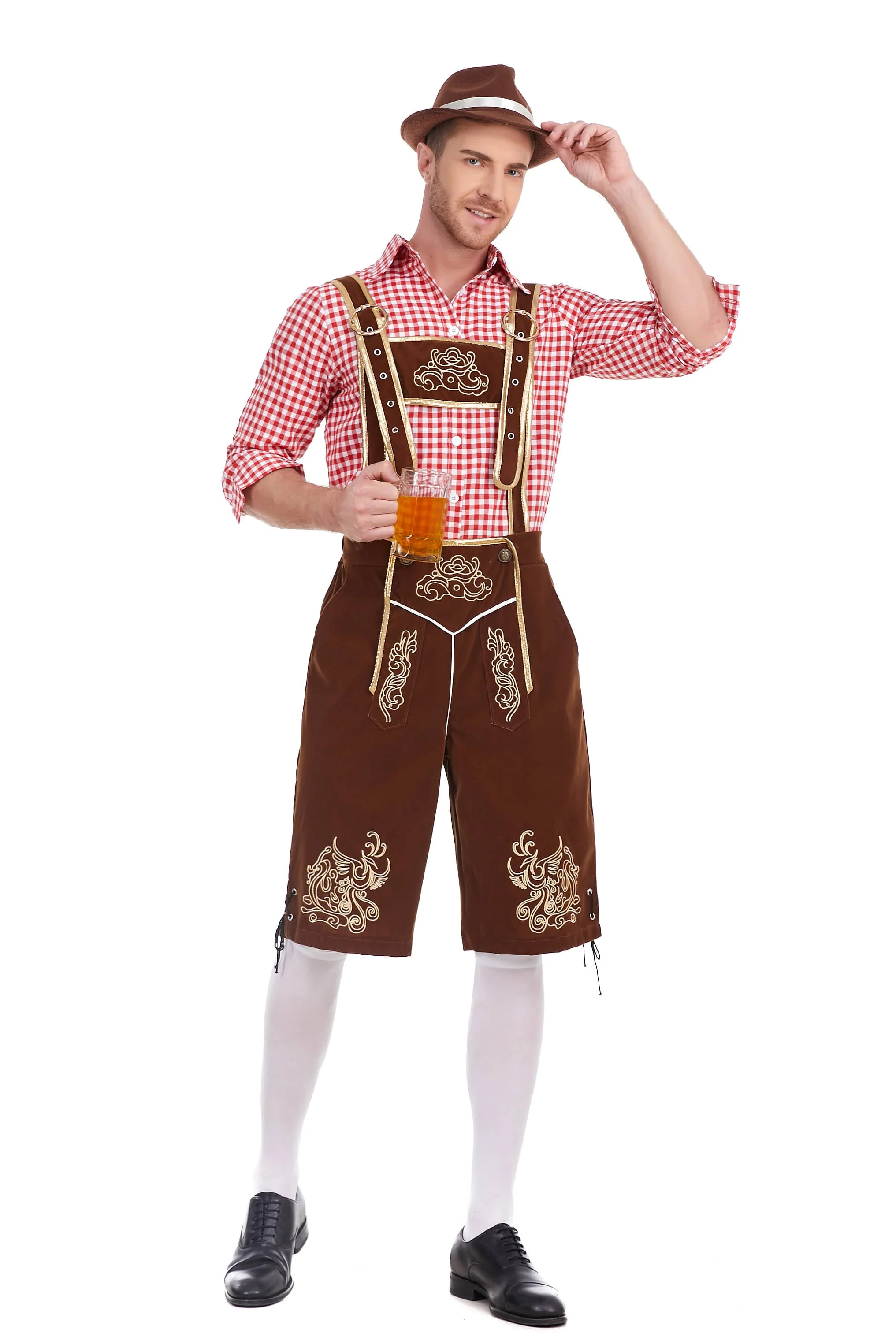 Niemiecki Oktoberfest karnawałowe przyjęcie męskie piwo Lederhosen przebranie na karnawał bawarska tradycja męskie szelki spodenki