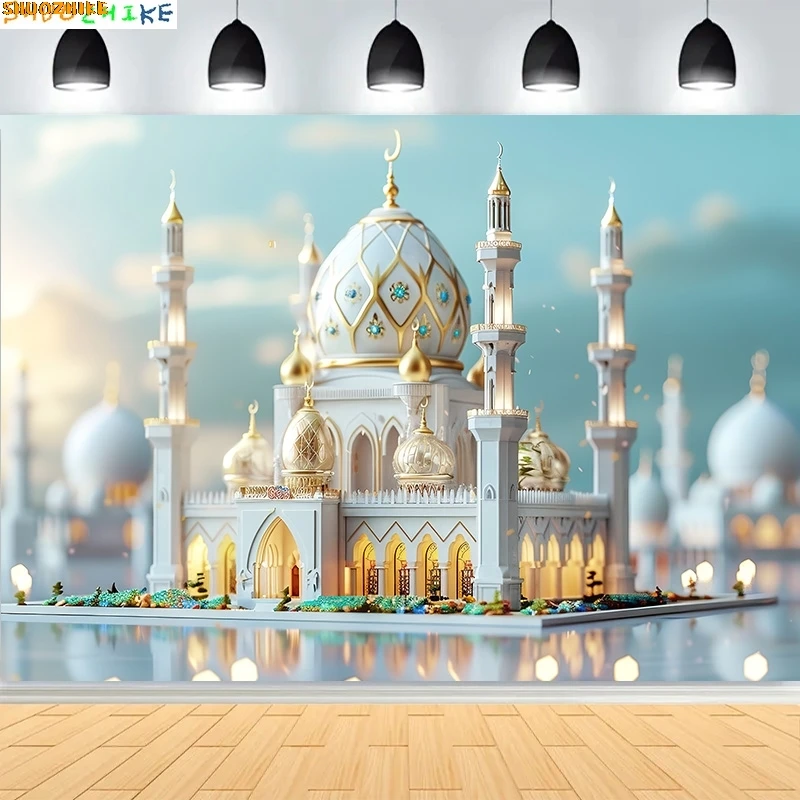 

Ramadan Eid Kareem Mubarak Islamic New Year Moon Lanterns Background Arabic Palace Candles Mosque Photography Backdrops EI-04