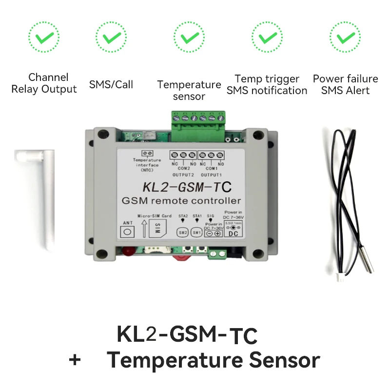 GSM Remote Controller Switch Access Controller of 2 Relay Output with Temperature Sensor Power Failure Alert EU Adaptor