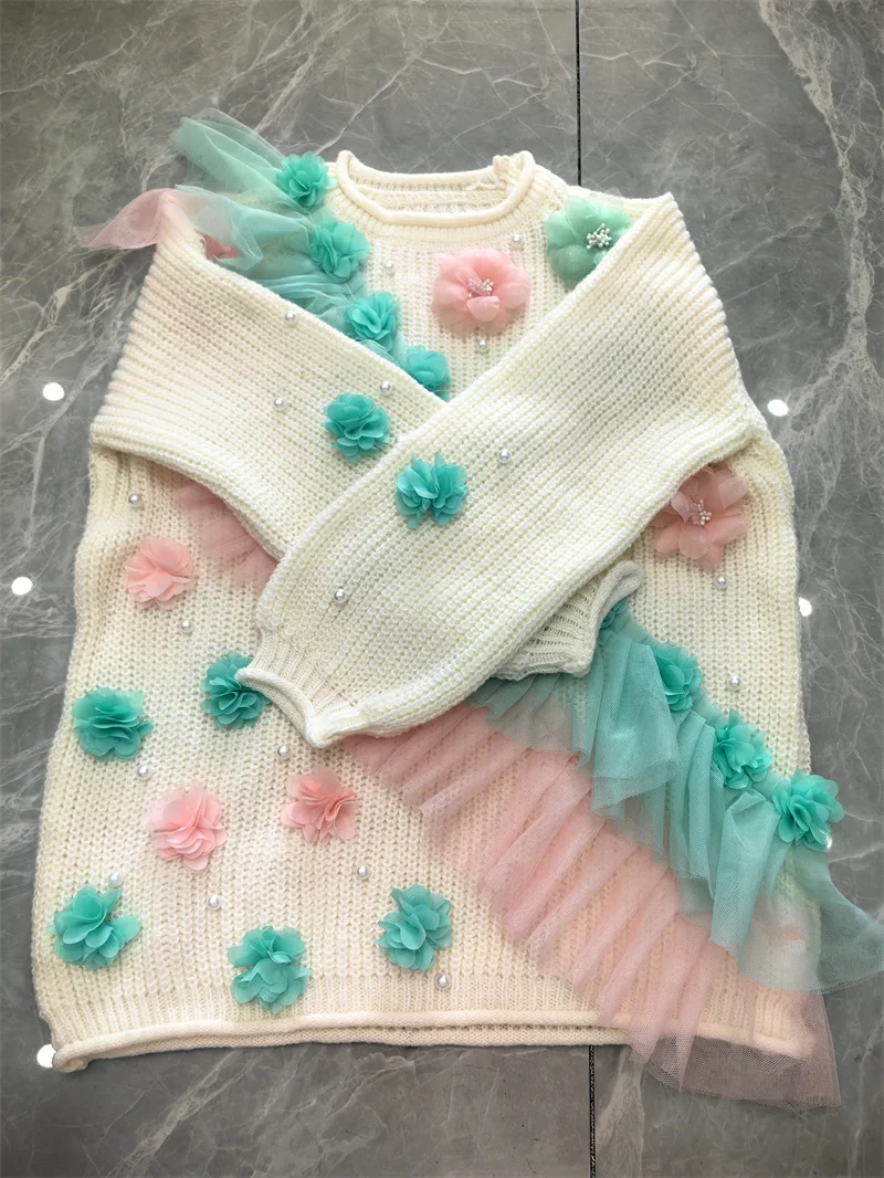 الفاخرة نمط شبكة غرزة الزهور المرأة سترة الخريف الشتاء ملابس طويلة الأكمام ملابس خارجية بلوفر مغزول أعلى سحب فام