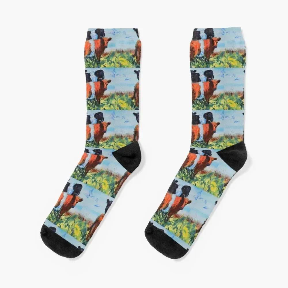 Belted Galloway Bull Calves Calf Painting - Orange brown and black beltie cattle Socks Lots Climbing Socks Women Men's