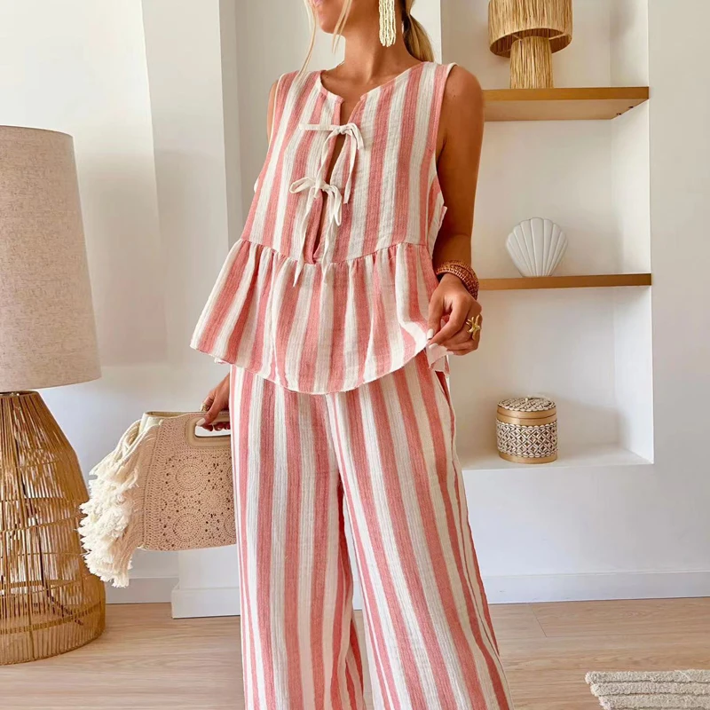 Spring Stripe Print Hollow Women Outfit Sexy Front Tie-up Bowknot Vest Top Wide Leg Pant Set Summer Sleeveless Loose Ruffle Suit