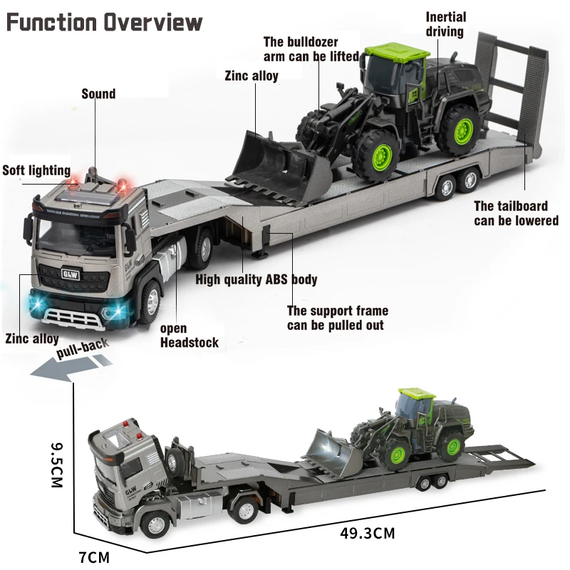 1:40 Anhängerauto mit Mini-Bulldozer und Bagger, Druckguss-Modelltechnik, zurückziehbares Bausammlungsspielzeug für Kinder