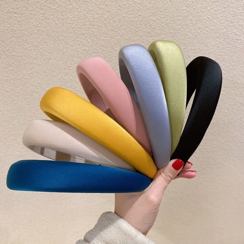 

Spring Summer Satin Green Solid Headband 3cm Wide Sponge Hairband for Girls Fruit Color Diademas Hair Bands for Women Head Band