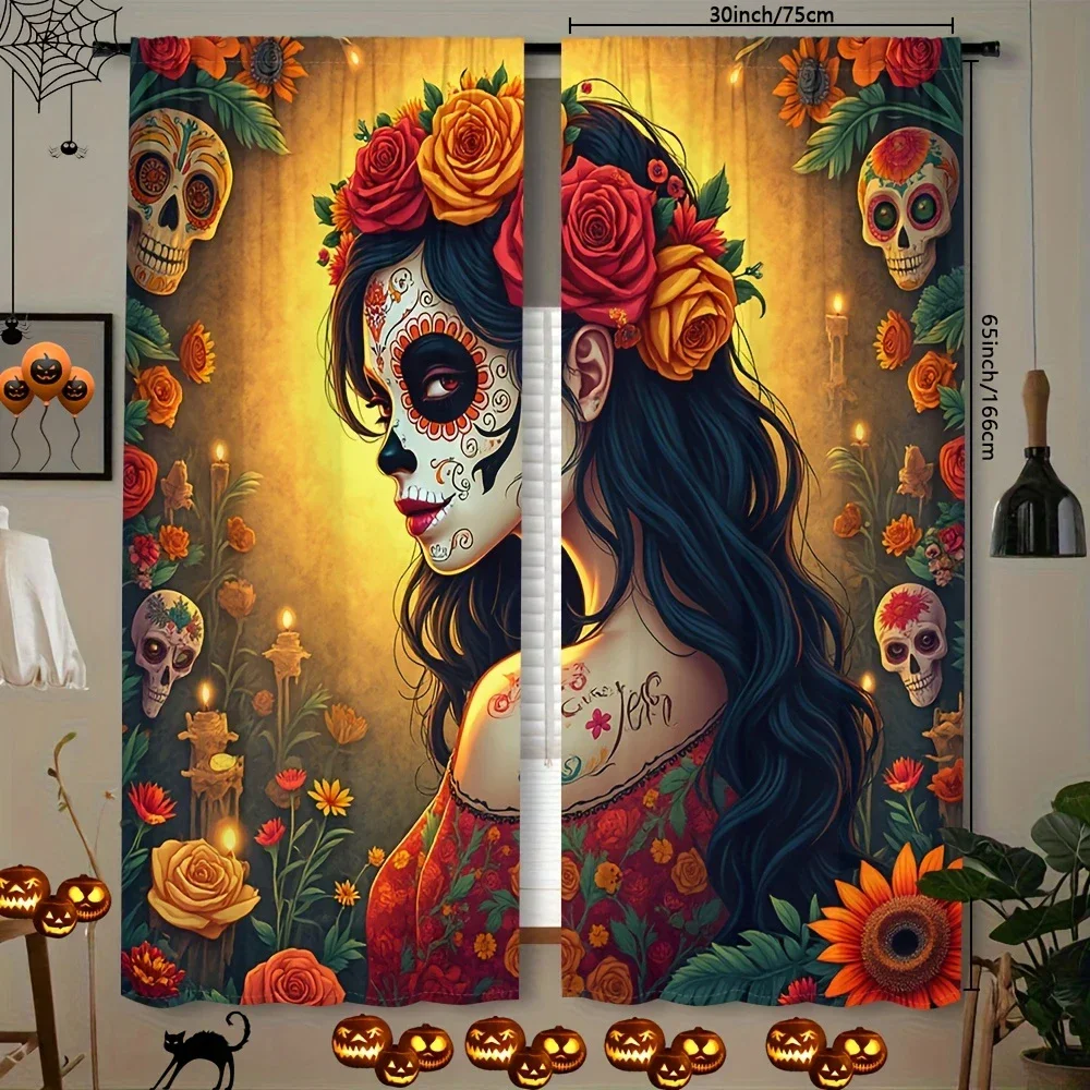 

2pcs- Halloween retro style skull wreath girl print curtains, pole bag curtains, home decorations, room decorations