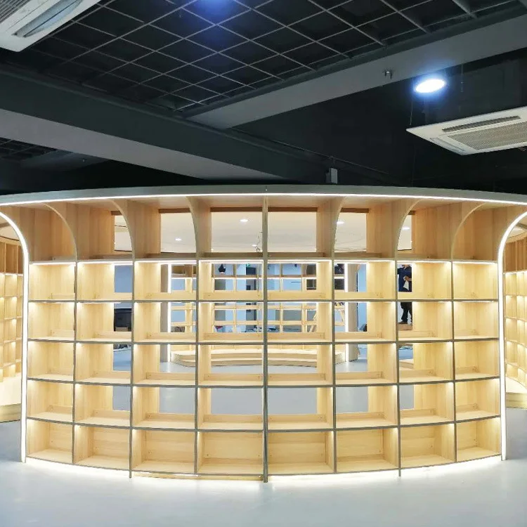 School bookstore custom wooden storage combination cabinet library large curved floor bookcase storage display cabinet