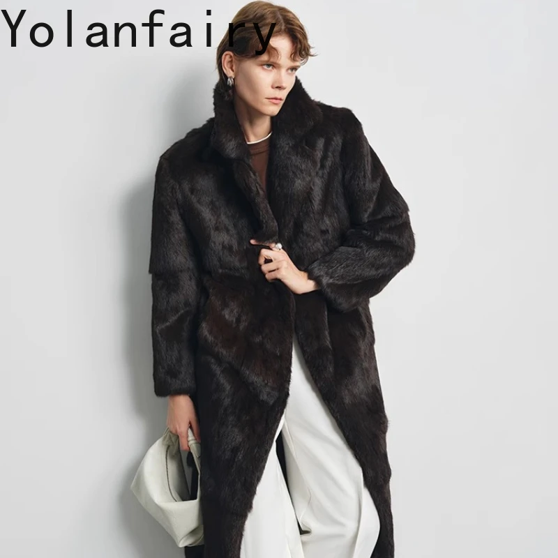 YOLANFAIRY autumn and winter Turkish Angora rabbit fur all-in-one fur coat turn-down collar commuting fur overcoat шуба 2025