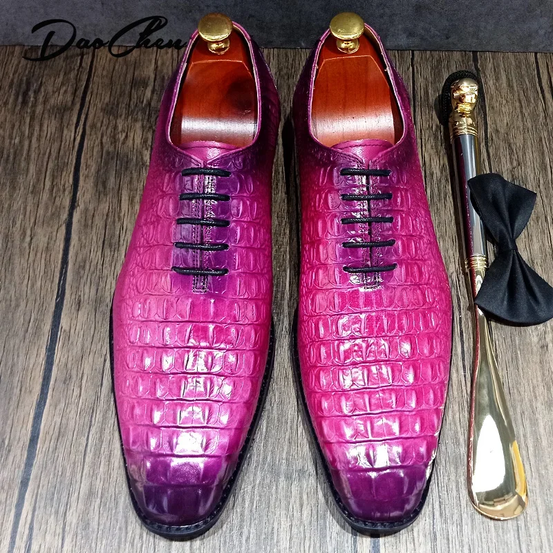 LUXURY BRAND MEN GENUINE LEATHER SHOES PURPLE CROCODILE PRINT CASUAL DRESS MAN SHOES OFFICE WEDDING OXFORD SHOES FOR MEN