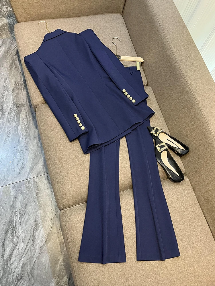 2023New Street High-Quality Design Royal Blue Women Fashion Elegant 2Pieces Blazers Sets With Shoulder Pads Personize Lady Suits