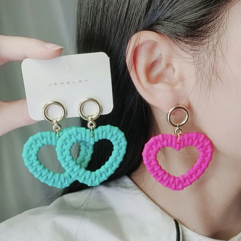 New Style Candy Color Woven Pattern Earrings Fashion Simple Personality Love Hollow Out Acrylic Jewelry for Women Girl