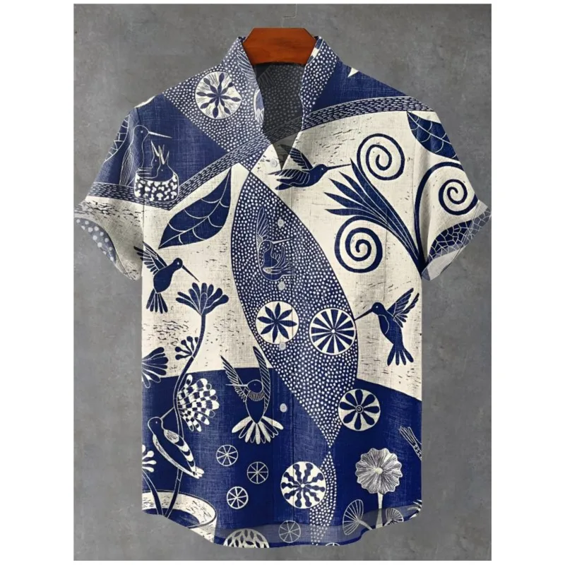 صيف 2025 قميص الباتيك فن أنيق رائع نمط الطوطم الكتان الرجال قميص قصير الأكمام عادية مريحة زر علوي