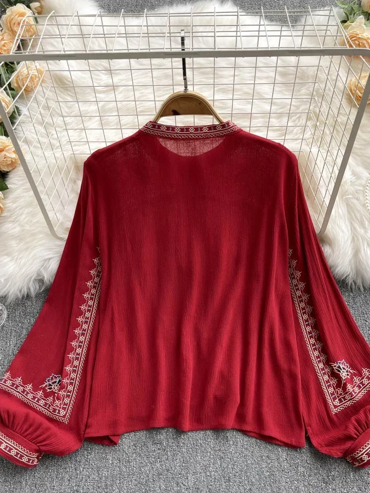Fashion Versatile Embroidery Shirt Women\'s Spring Autumn New Stand Collar Bohemian Loose Blouse Womens Tops G03