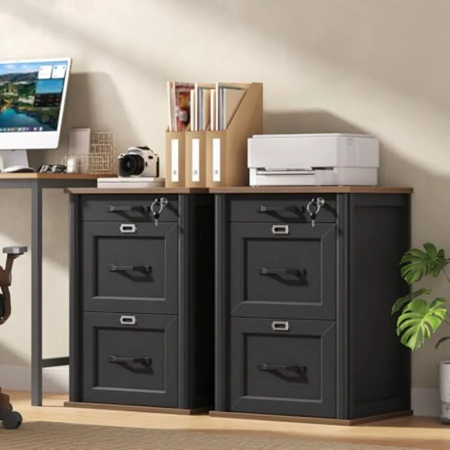 3 Drawer File Cabinet with Lock, Wooden Farmhouse Filing Cabinet with Storage Fits Letter and A4 Size, Vertical Printer Stand f