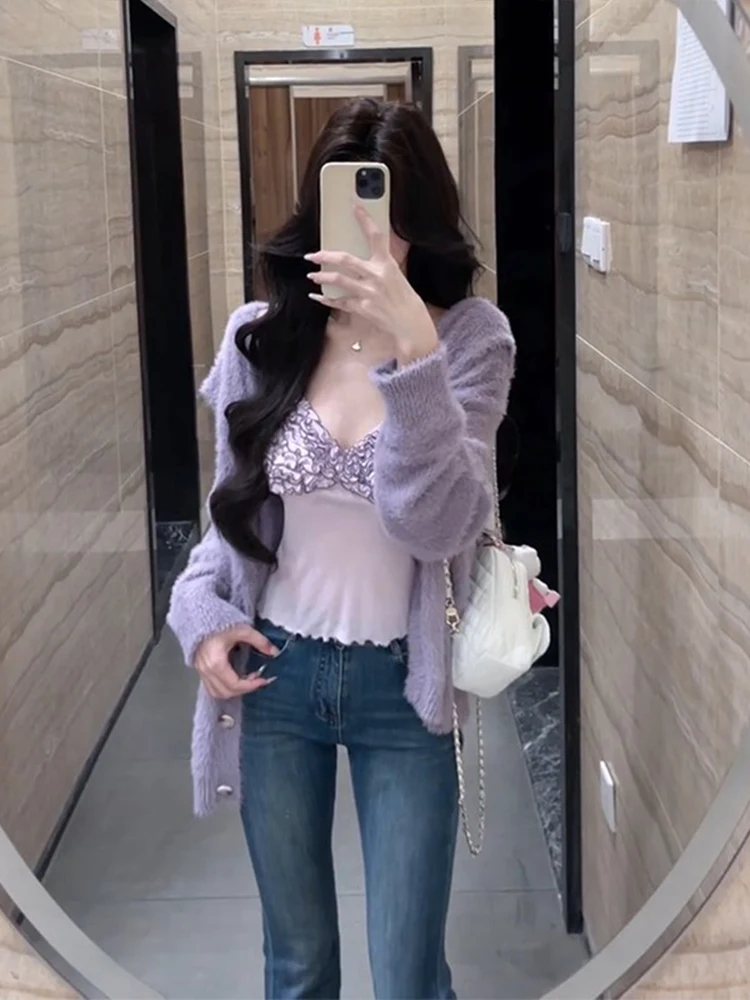 

Korean Style Purple Fluffy Sweater Jacket Women's Autumn Winter New Design Sense Lace Trim Two Piece Set Long Sleeve Hoodie