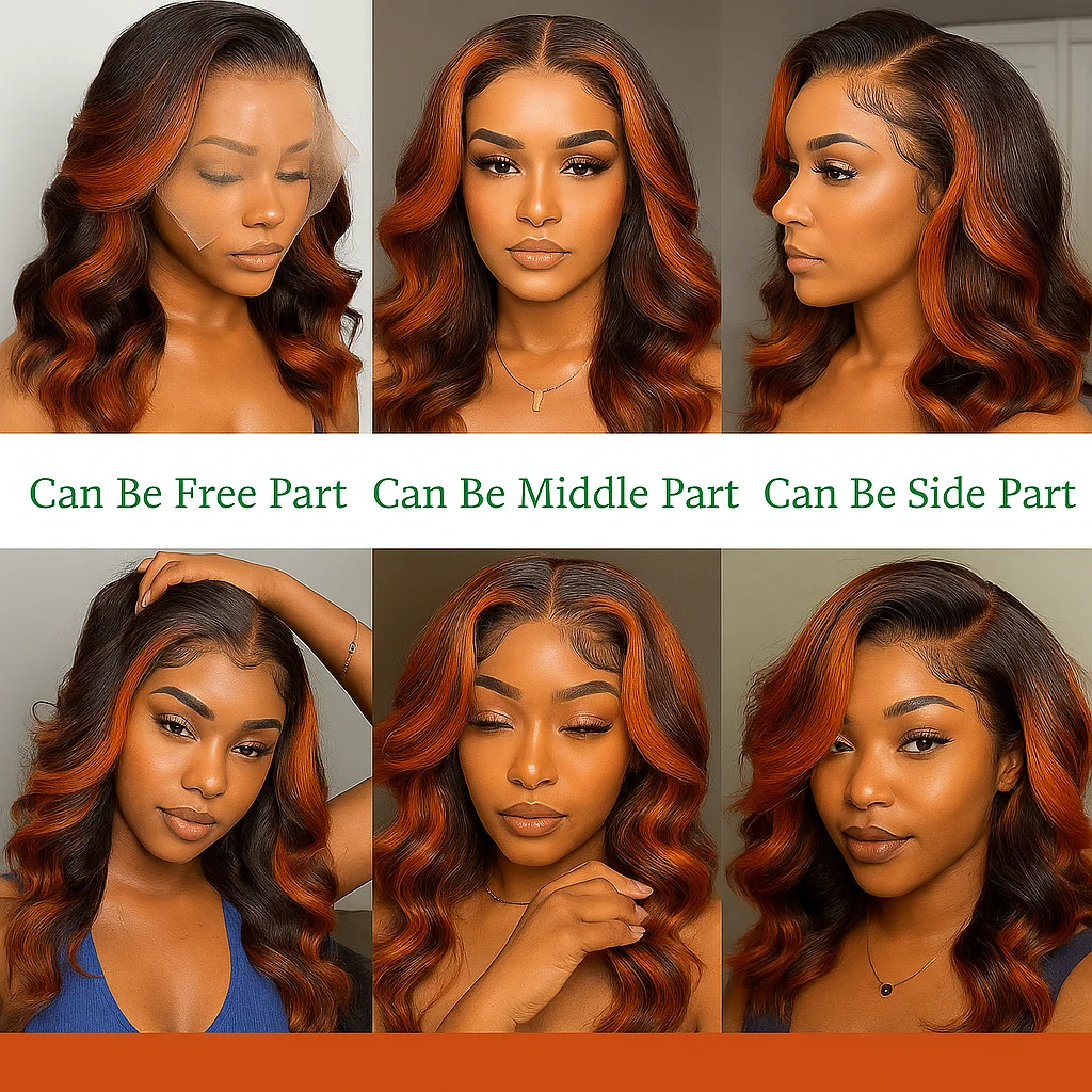 # Peruka typu bob z krótkimi włosami, falowane, z przedziałkiem z przodu, wykonana z ludzkich włosów, ombre balayage, bezklejowa, 13x4, w kolorze brązowym z czerwonymi pasemkami, dla czarnoskórych kobiet.