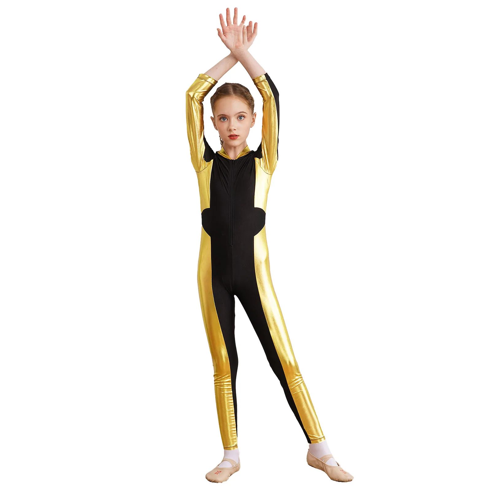 Children Girls Gymnastics Sports Bodysuit Ballet Dance Figure Skating Acrobatics Yoga Leotard Long Sleeve Color Block Jumpsuit