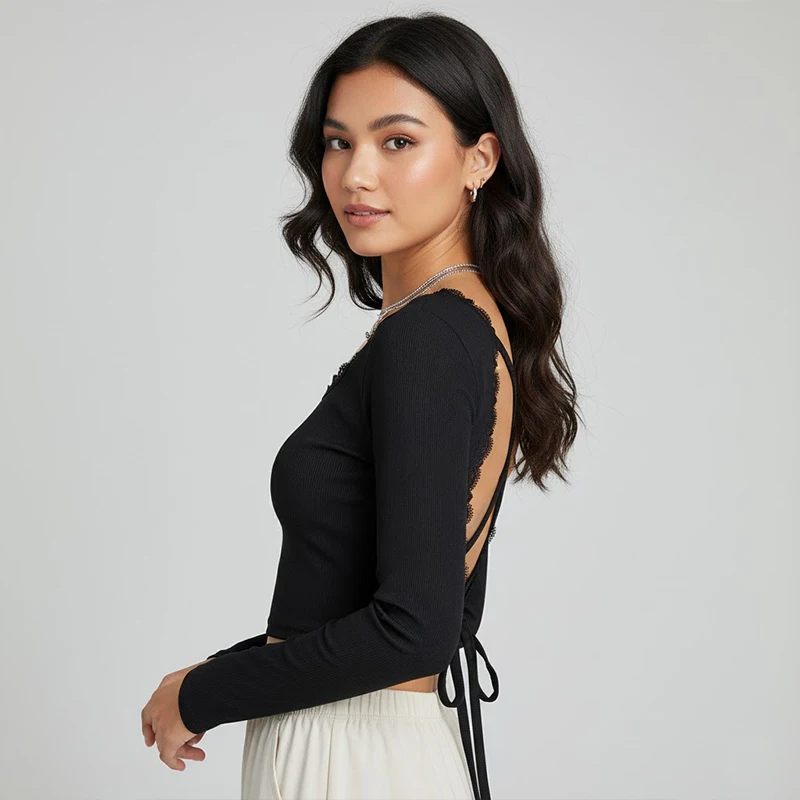 

Women's Lace Trimmed Backless Long Sleeved Short Top With Lace Up Slim Fit Pure Desire And A Striped Knit T-shirt Cool Short Top