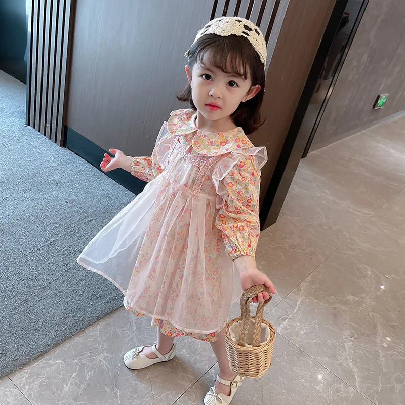 Spring Autumn New Children Girls Clothing Sets Cute Floral Dress+ Mesh Cover Dress Baby Clothes Suit Girls Fashion Kids Outfit