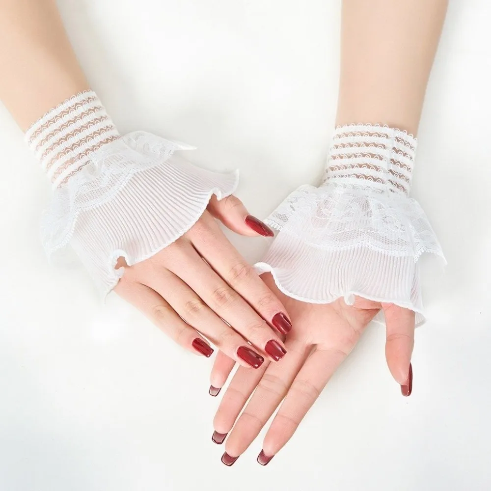 Embroidery Details False Wrist Cuffs Ruffle Mesh Detachable Sleeves Solid Color Double-layer Lace Fake Cuffs Bridal Gowns