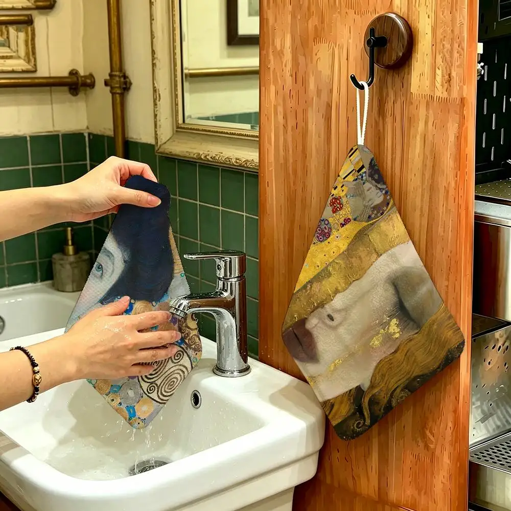 Gustav Klimt The Kiss Soft Polyester Cotton Hand Wiping Towel, Hanging Design, Durable For Household Restaurant Toilet Use