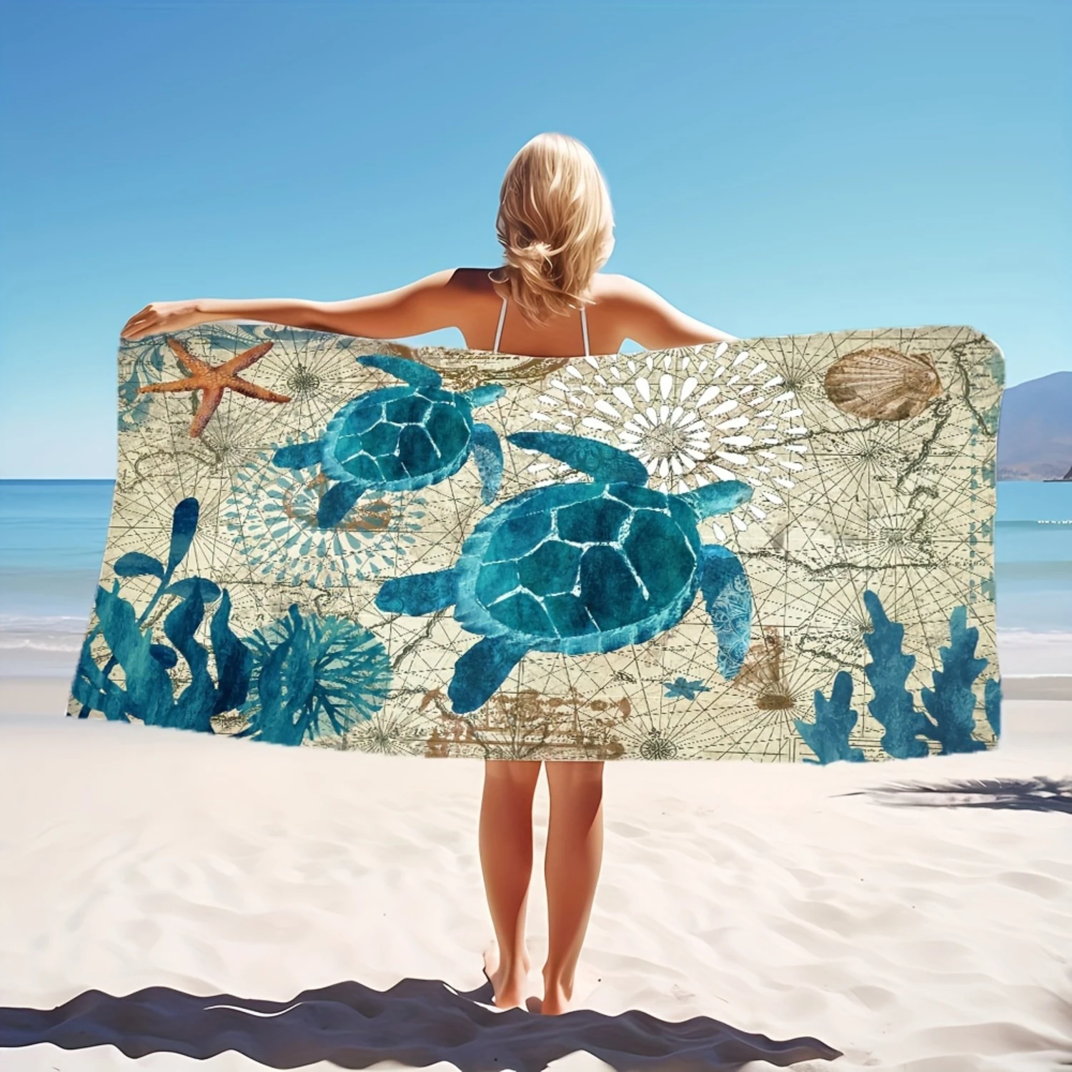 1PC Turtle Pattern Beach Towel, Quick Drying Absorbent Beach Towel, Soft Microfiber Beach Blanket, For Travel Picnic Outdoor Vac