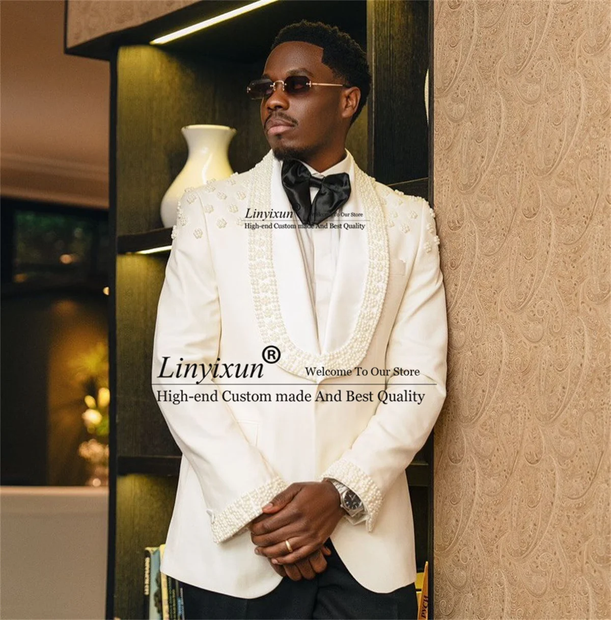 

Блестящие смокинги с бисером и грушей, мужские костюмы, комплекты из 2 предметов, жених, мужской вечерние пиджак для выпускного вечера, индивидуальный приталенный костюм с шалью и лацканами, Homme