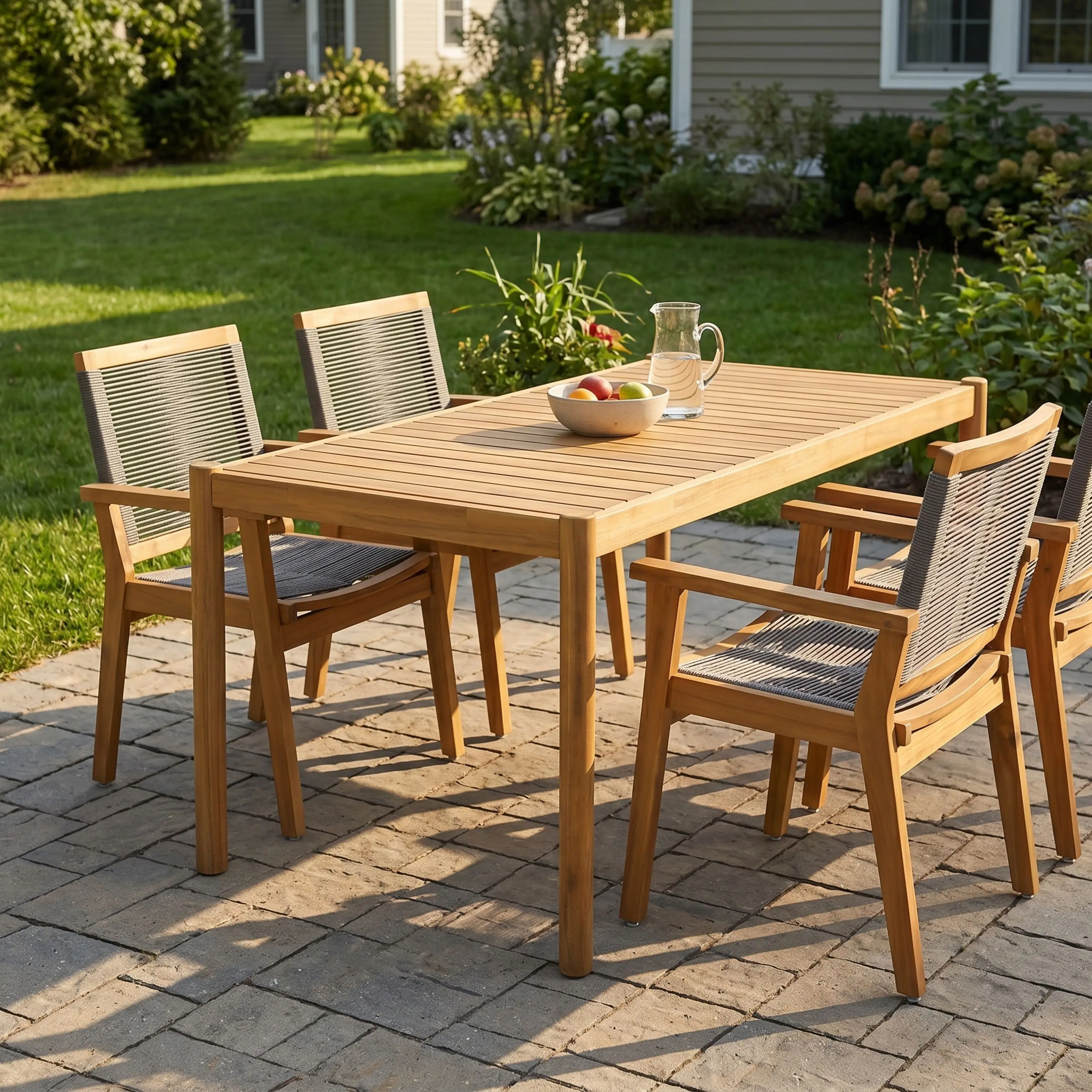 5‑Piece Outdoor Acacia Wood Patio Dining Furniture Set, 54.75 Inch Rectangular Table with Teak Finish, 4 PCS Dark Grey Rope Woven Armchairs for Backyard, Lawn, Deck